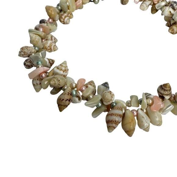 Vintage Pink Green Beige Shell & Faux‎ Pearl Necklace Beach Jewelry Vacationcore - Picture 2 of 7